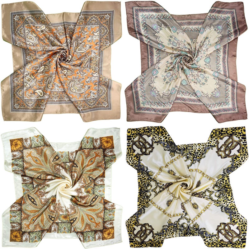 LilMents 4 Mixed Designs Large 35" Ã— 35" Square Polyester Satin Neck Head Scarf Scarves Set (Set Y16) - Image 1